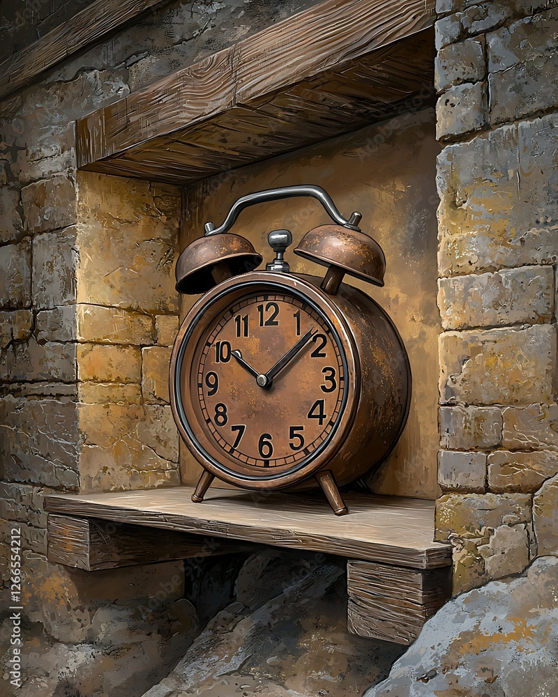 Poster antique alarm clock resting on a stone shelf, showcasing a rustic design with a warm color palette a