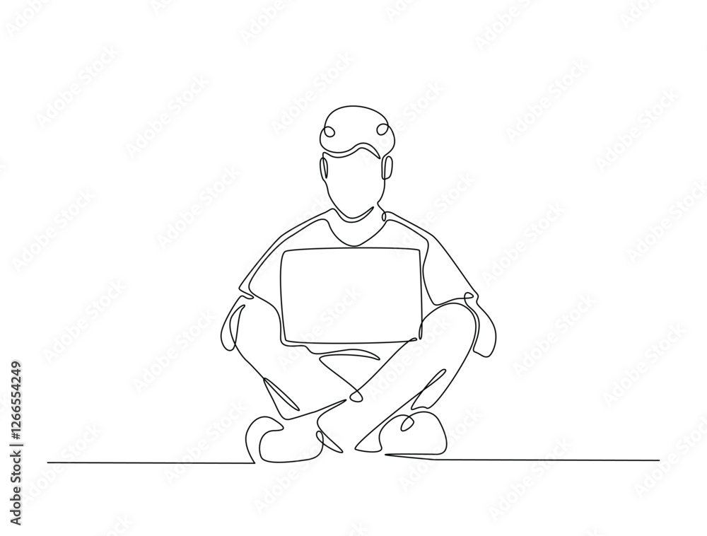 Poster continuous line art drawing of a man sitting on the floor and working on a laptop. person working on