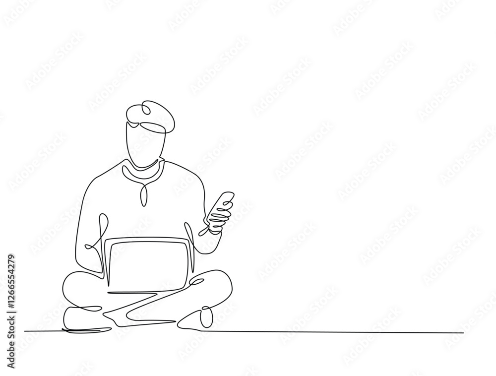 Poster continuous line art drawing of a man sitting on the floor and working on a laptop. person working on
