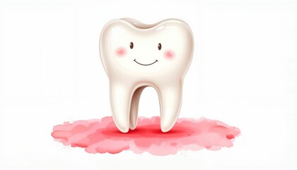 Happy cartoon tooth standing on a pink splash background