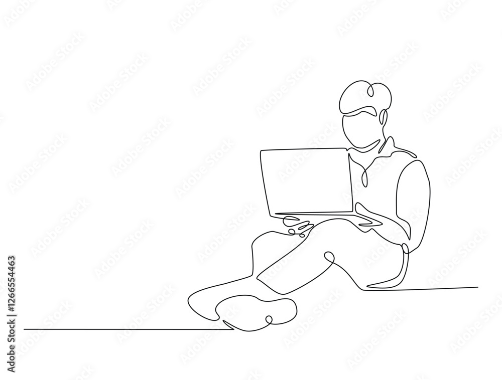 Poster continuous line art drawing of a man sitting on the floor and working on a laptop. person working on