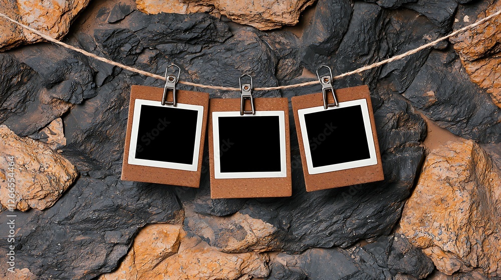 Poster three empty photo frames hanging on a string against a textured stone wall background. the new nosta