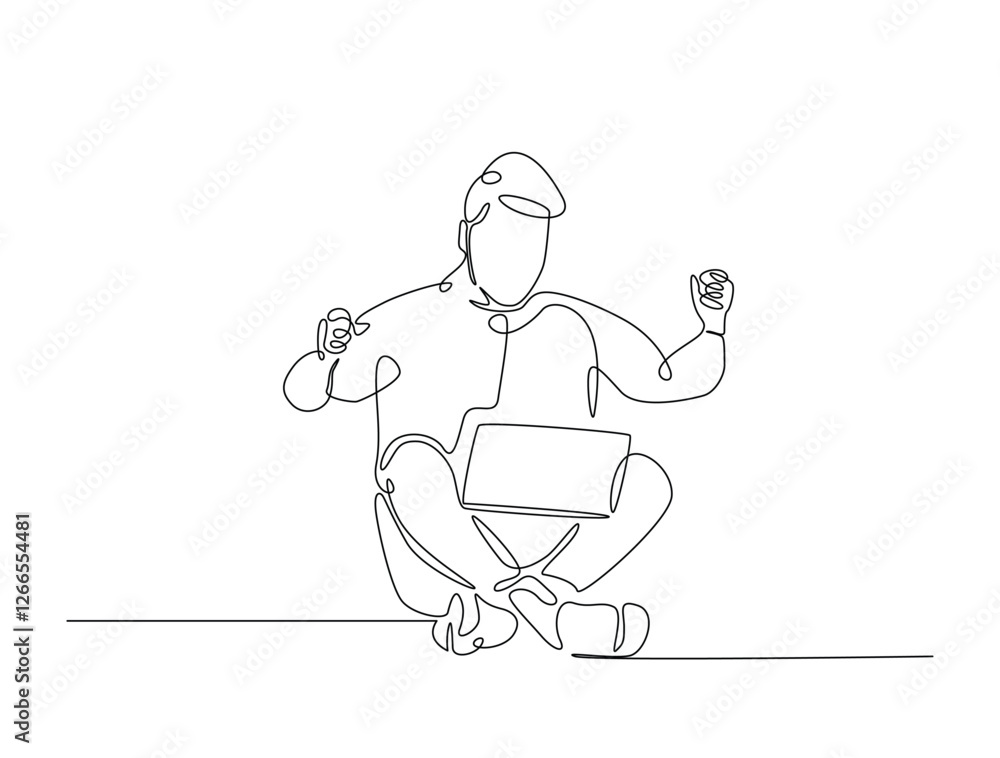 Poster continuous line art drawing of a man sitting on the floor and working on a laptop. person working on