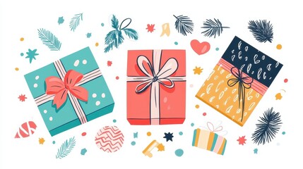 Custom packaging flat design top view personalized gifts theme cartoon drawing Triadic Color Scheme.