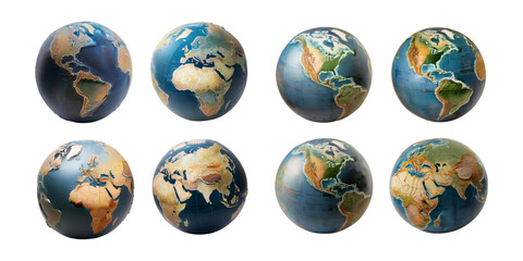 Diverse Earth Globe Views from Different Angles, PNG collection, set bundle, isolate on transparent or white background