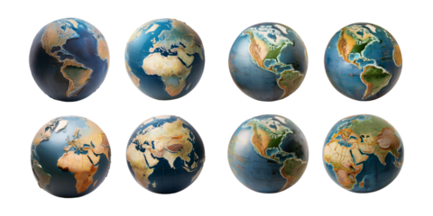 Diverse Earth Globe Views from Different Angles, PNG collection, set bundle, isolate on transparent or white background