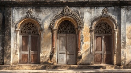 Fototapeta premium Rustic Architecture with Ornate Wood Doors and Weathered Walls