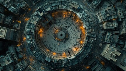 Fototapeta premium Aerial view of circular city at night, futuristic urban design