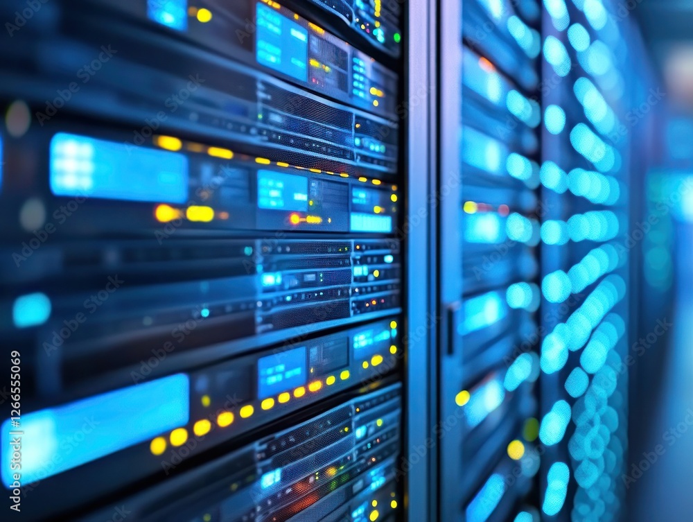 Poster a close-up view of a modern data center with illuminated server racks showcasing advanced technology
