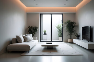 A bright, minimalist living room with a clean and open design