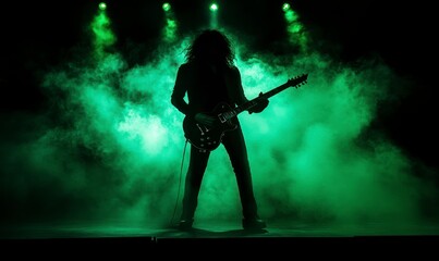 dark silhouette of an electric guitarist, surrounded by green smoke, on a concert stage under the night lights