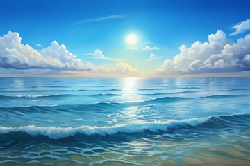 Obraz premium blue sky and sea Perfect beach view. Inspirational tropical beach, palm trees and white sand, circular pattern on water surface at sunrise in summer