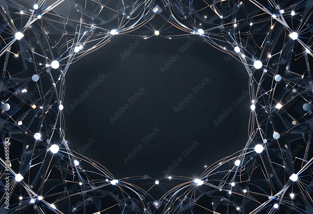 Poster abstract metallic frame with spherical lights on dark gradient background