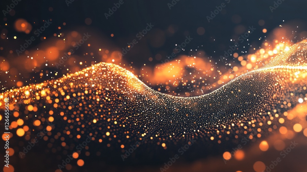 Poster abstract visualization of shimmering golden particles flowing in waves against a dark background, cr