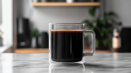 Black coffee in sleek glass mug on marble surface
