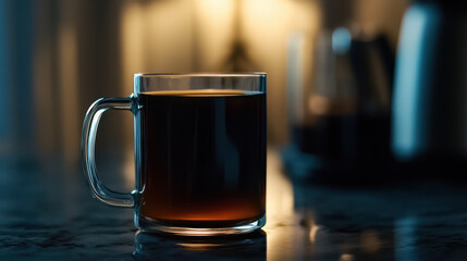 Black coffee in sleek glass mug on marble surface