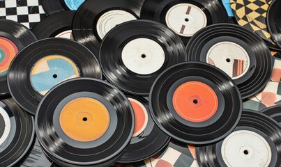 Collection of records on display for sale at a music store. Background random design
