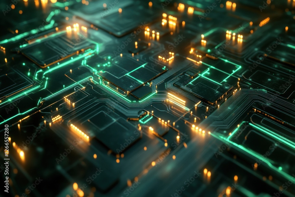 Poster abstract circuitry with glowing elements in dark space
