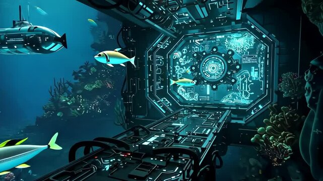 Futuristic Underwater Base With Submarine And Fish