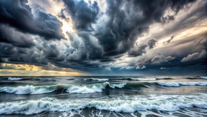 Obraz premium Dark grey storm clouds gather over a chaotic ocean with waves crashing against the shore, turbulent sea, ominous clouds