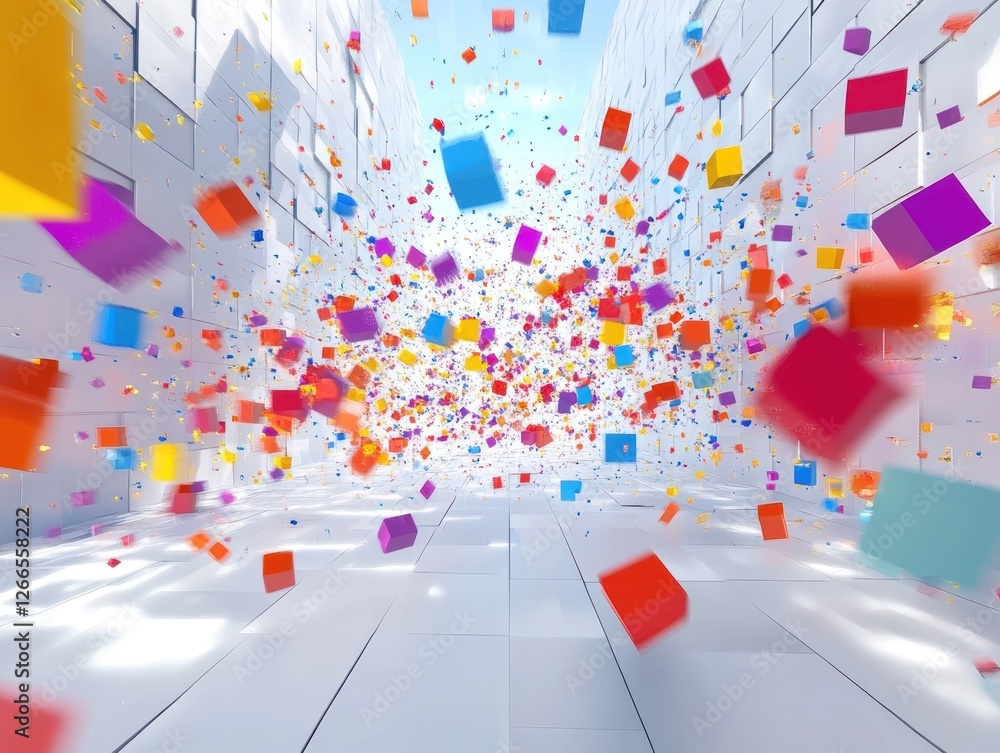 Poster a vibrant explosion of colorful cubes fills a bright, modern corridor, creating a dynamic and playfu
