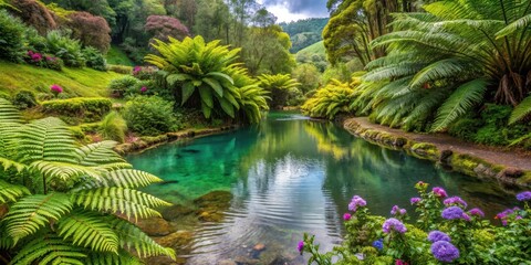 Fototapeta premium Overgrown ferns and wildflowers surround a crystal-clear natural hot spring in the lush botanical garden of Sao Miguel, Portugal , overgrown plants, sao miguel