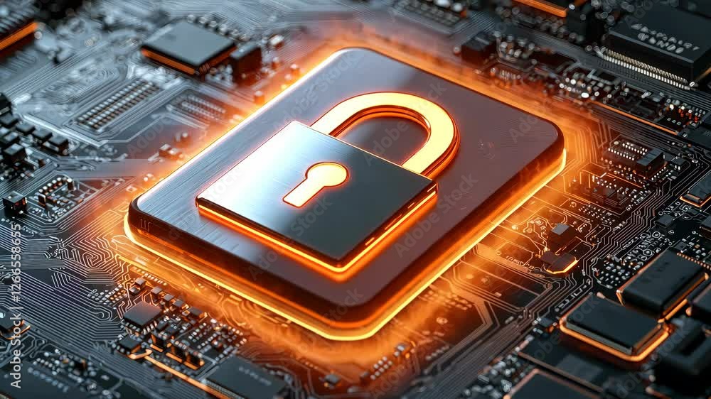 Poster digital cybersecurity concept with an illuminated lock symbol on a circuit board background.