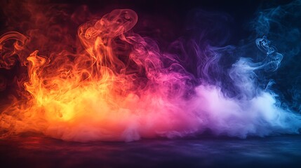 Fototapeta premium Colorful smoke swirls studio backdrop, dark background, design element