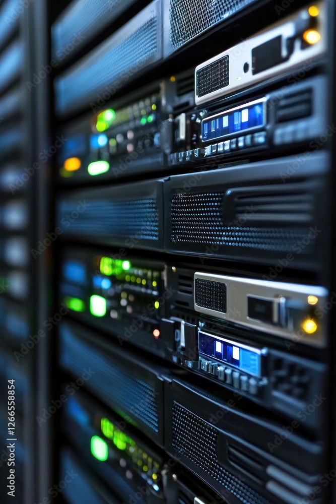 Poster a close-up view of server racks in a data center, showcasing illuminated indicators and technology i