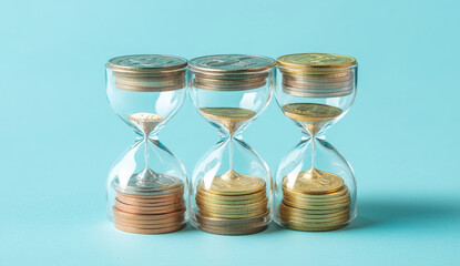 Time's Value Three Hourglasses with Coins, Showing Value of Money Passing