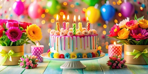 Bright colorful celebration cake with candles lit on a table