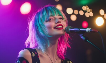 candid photo of an eccentric woman with pastel blue and green hair, in front of a microphone at a small concert venue.