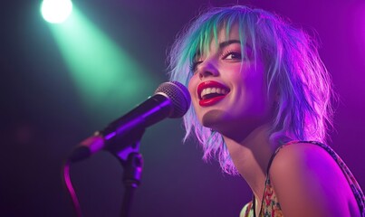 candid photo of an eccentric woman with pastel blue and green hair, in front of a microphone at a small concert venue.