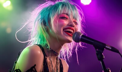 candid photo of an eccentric woman with pastel blue and green hair, in front of a microphone at a small concert venue.