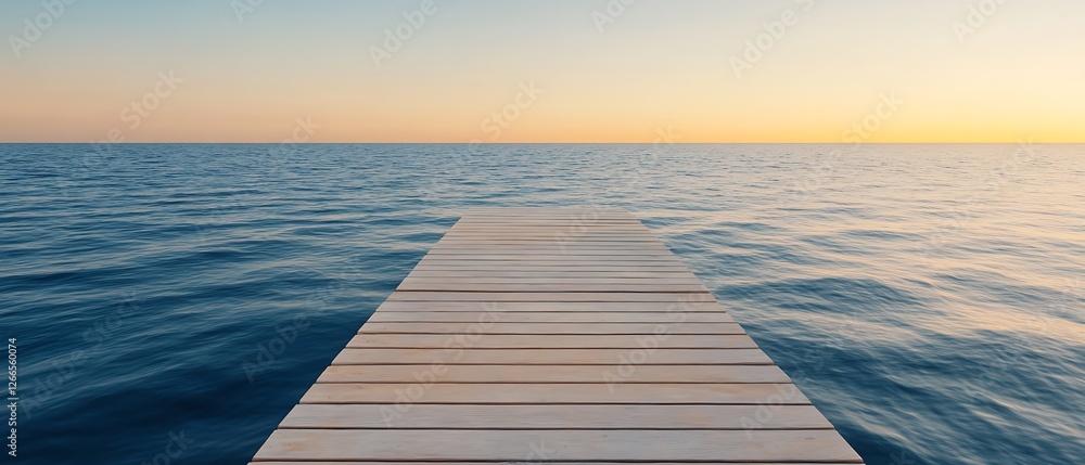 Wall mural Wooden pier stretches into the sea. Sunset sky reflects on water. Escape, tranquility imagery