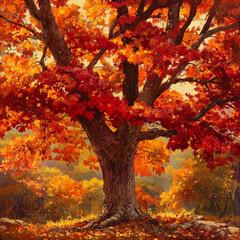 autumn scene with a majestic tree full of vibrant red, orange, and yellow leaves, set against a clear sky. The tree in stunning detail, with every leaf shining in the golden light of fall