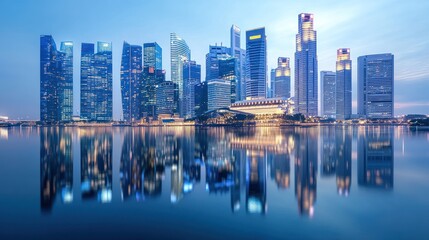 Fototapeta premium A city skyline with a reflection of the buildings in the water