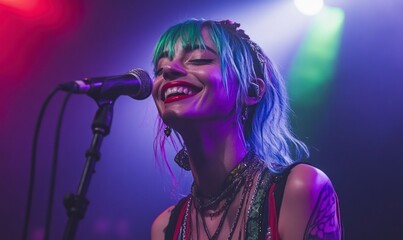 candid photo of an eccentric woman with pastel blue and green hair, in front of a microphone at a small concert venue.