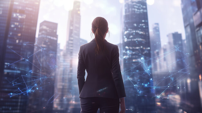 A confident female executive gazes at a futuristic city skyline, enveloped by an advanced digital network symbolizing connectivity and innovation. Image made using Generative AI.