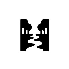 River Landscape Icon: Simple black icon of a river flowing between two hills, perfect for nature, travel, and environmental themes.  