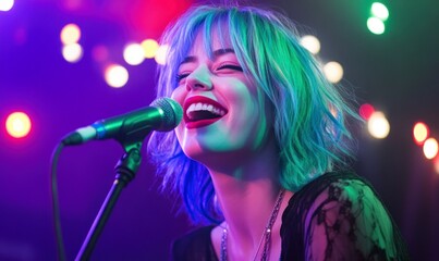 candid photo of an eccentric woman with pastel blue and green hair, in front of a microphone at a small concert venue.