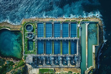 A blue and green image of a water treatment plant