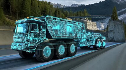 Large mining truck with digital interface for data analysis and automation in a quarry - Powered by Adobe