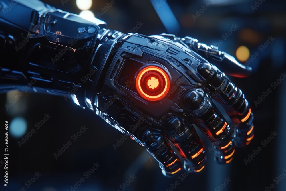 Poster futuristic robotic hand with glowing red circular element, showcasing advanced technology in a high-