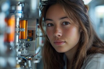A woman is looking into a machine