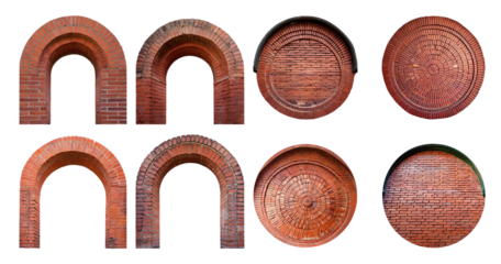 Various Red Brick Arches and Circular Patterns for Architectural Design, isolated on transparent background