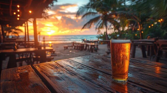 A glass of beer on a wooden table with a sunset view at a beach bar.