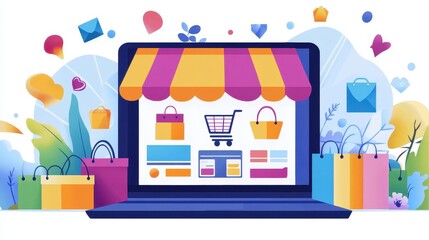 Obraz premium E-commerce platform flat design front view modern business theme cartoon drawing vivid. 