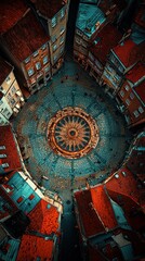 Obraz premium Aerial view of European town square with circular design, rooftops, for travel brochures