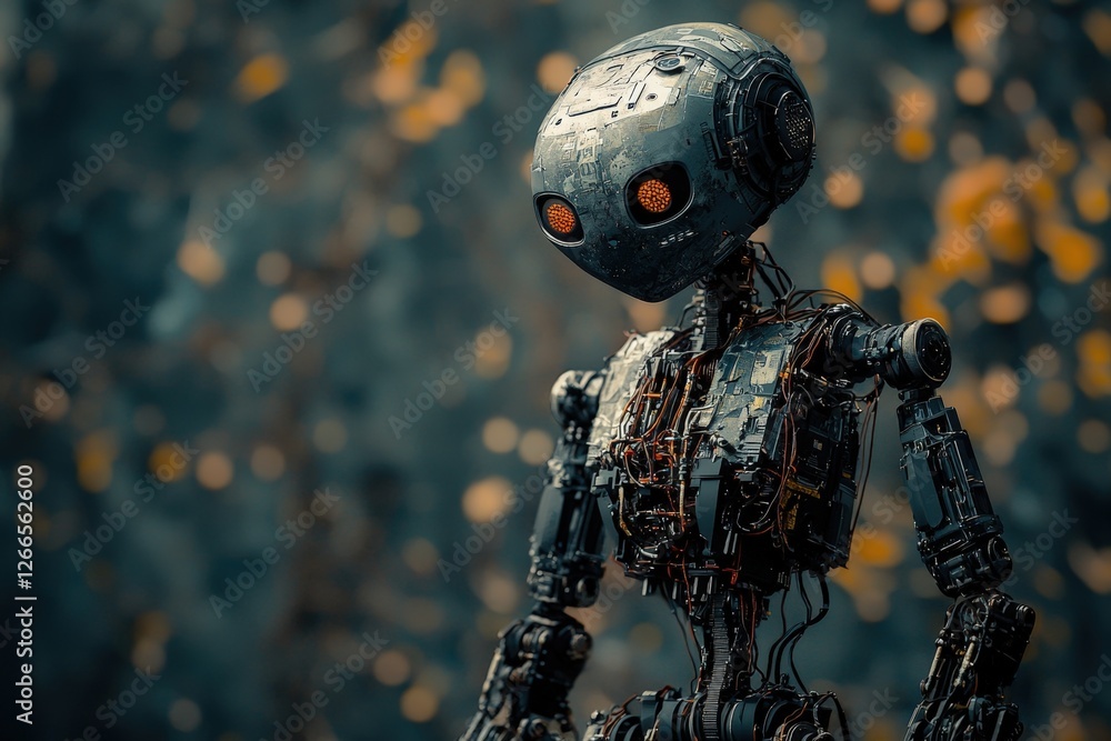 Poster a futuristic robot standing confidently in front of a blurred background in an urban setting